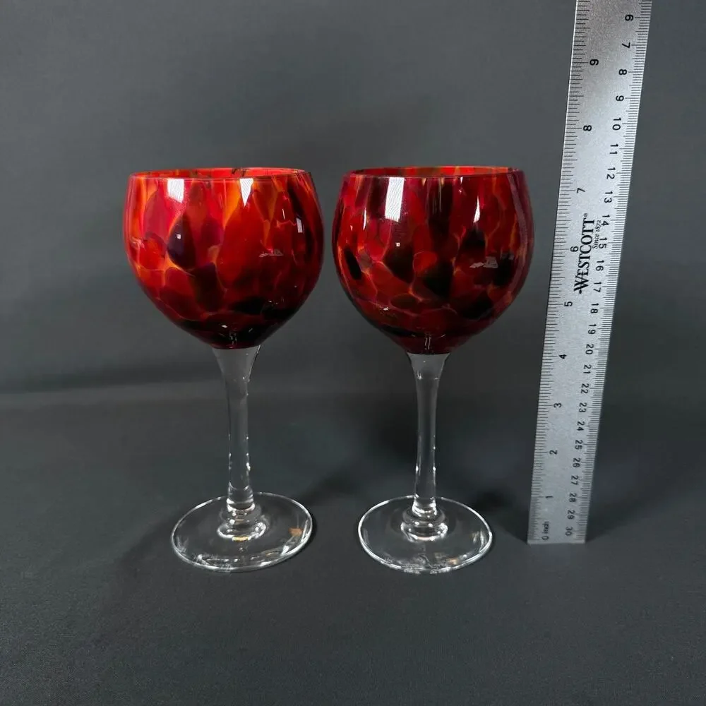 Lot of 2 Crystal Glass Wine Goblets Red Orange Swirl Signed studio art craft